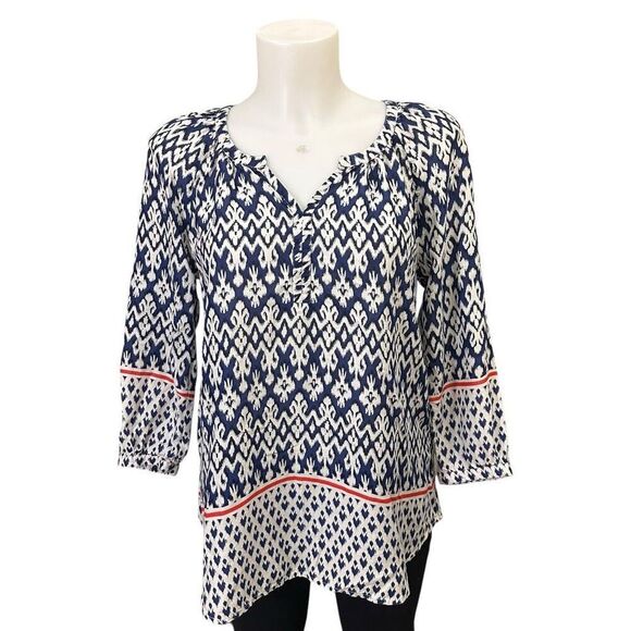 BeachLunchLounge Blue/White Ikat Aztec Print Blouse Peasant XS‎ relaxed Fit - Picture 1 of 7